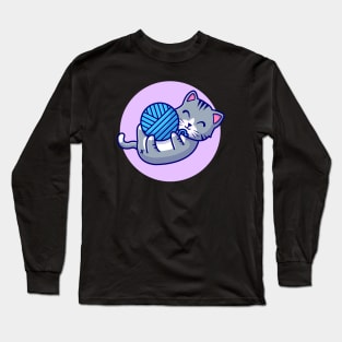 Cute Cat Playing Yarn Ball Cartoon Vector Icon Illustration (2) Long Sleeve T-Shirt